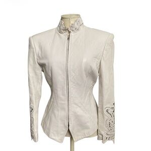 Lillie Rubin White Leather Jacket with Intricate Details size 6 pristine